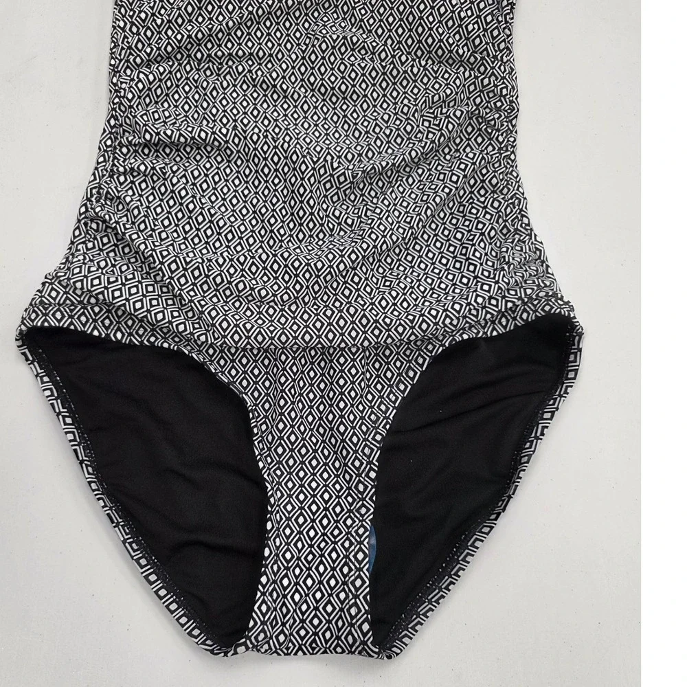 DKNY Womens Geometric Diamond Print One Piece Swimsuit Black White XXL New - Picture 3 of 7